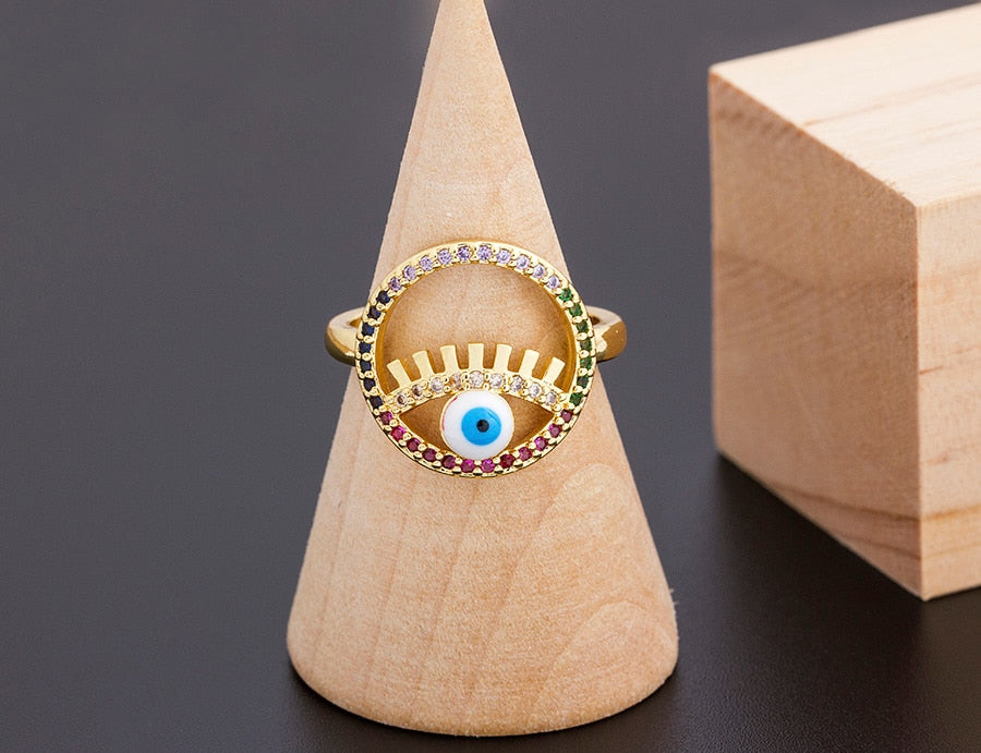 Adjustable Evil Eye Round Shape Gold Rings