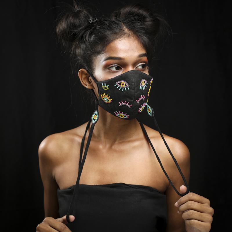 Embroidered Eyes Mask with Attached Mask Chain