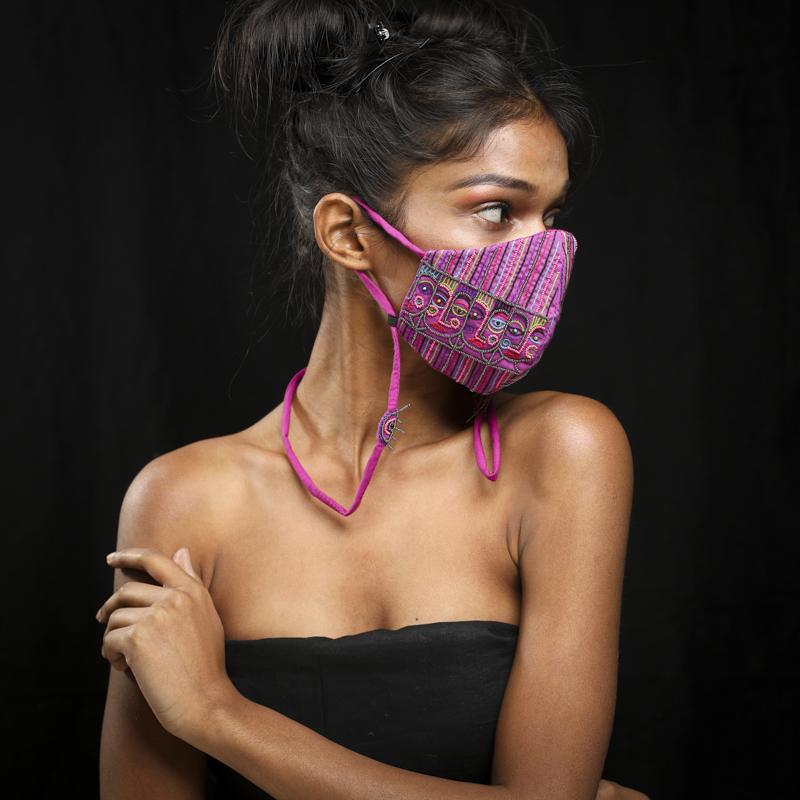 Purple Faces Embroidered Mask with Attached Mask Chain