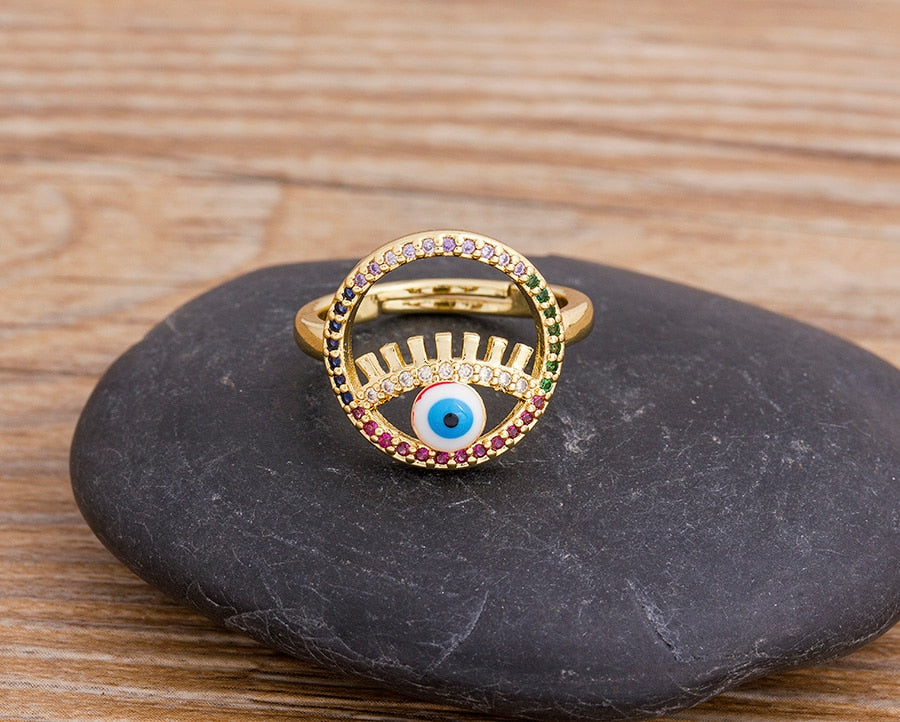 Adjustable Evil Eye Round Shape Gold Rings