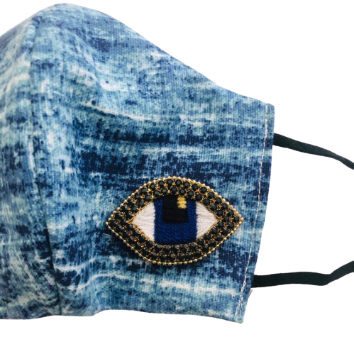 Denim Print Fabric with Rhinestone Eye Face Mask